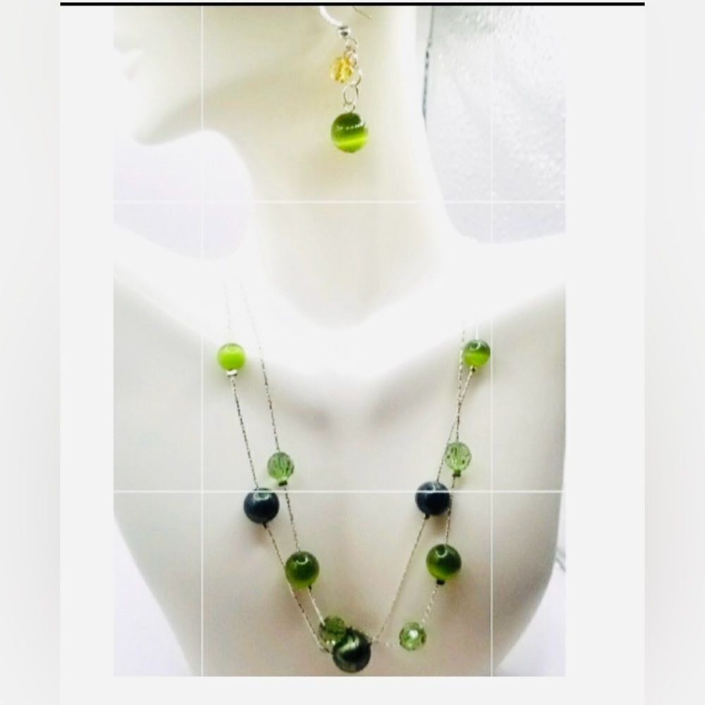 silver toned layered green floating Beaded womans necklace and earrings set. - Picture 2 of 9